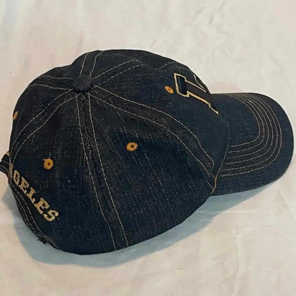 LA Los Angeles Denim Baseball Hat Cap Blue Dark Wash Distressed Gold Stitch